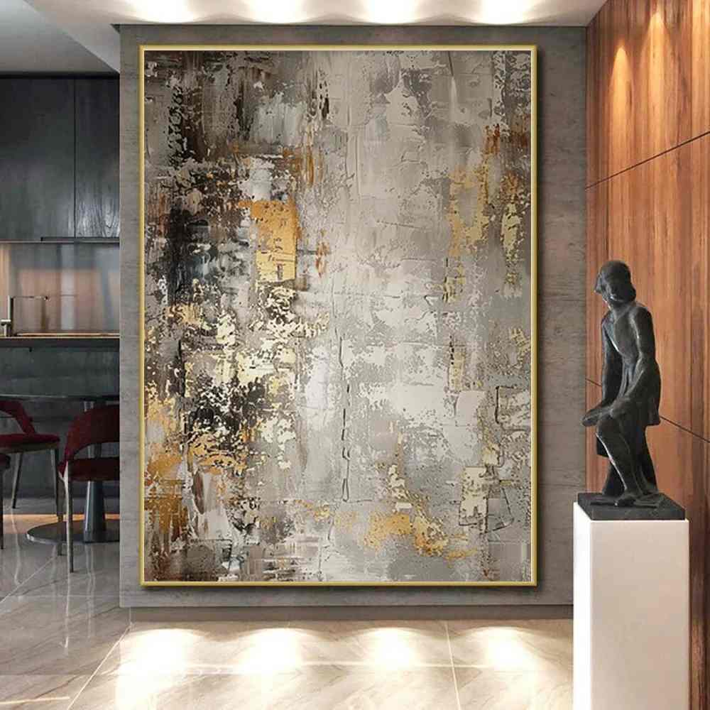 Gold Handmade Original Leaf Industrial Abstract Canvas Artwork KH07Y